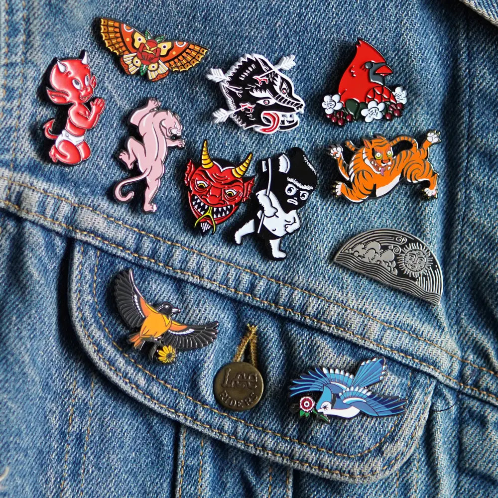 Stuntin Goods - Tiger Enamel Pin - denim jacket adorned enamel pins