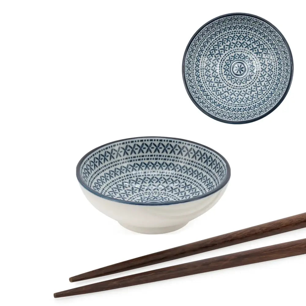Torre & Tagus - Kiri Blue Stitch Bowl Sauce Dish - two blue white patterned ceramic