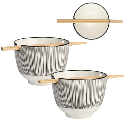 Torre & Tagus - Kiri Porcelain Noodle Bowl with Chopsticks Set - Black Line