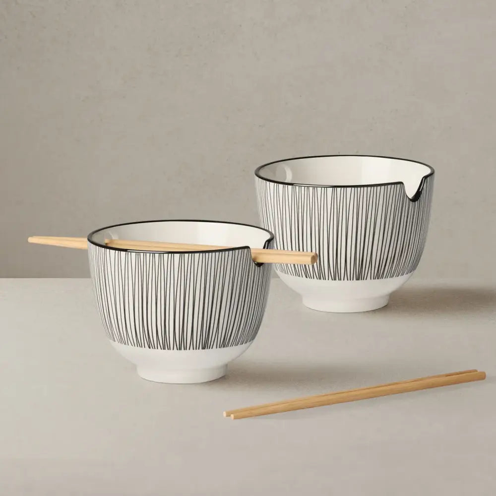 Torre & Tagus - Kiri Porcelain Noodle Bowl with Chopsticks Set - Black Line