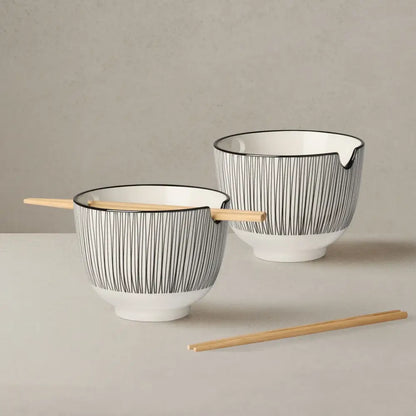 Torre & Tagus - Kiri Porcelain Noodle Bowl with Chopsticks Set - Black Line