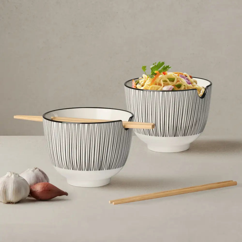 Torre & Tagus - Kiri Porcelain Noodle Bowl with Chopsticks Set - Black Line