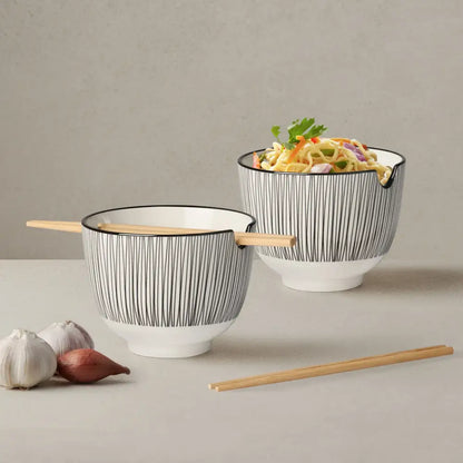 Torre & Tagus - Kiri Porcelain Noodle Bowl with Chopsticks Set - Black Line