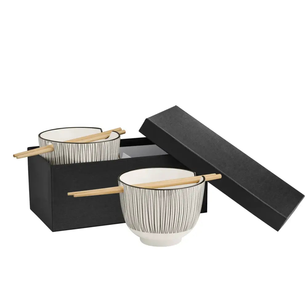 Torre & Tagus - Kiri Porcelain Noodle Bowl with Chopsticks Set - Black Line