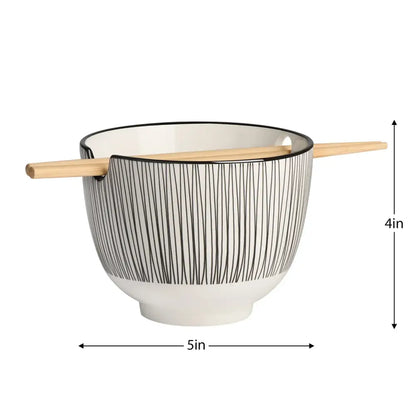 Torre & Tagus - Kiri Porcelain Noodle Bowl with Chopsticks Set - Black Line