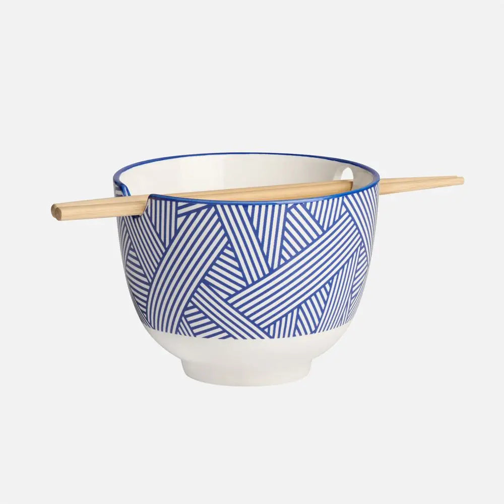 Torre & Tagus - Kiri Porcelain Noodle Bowl with Chopsticks Set - Blue Zen Weave