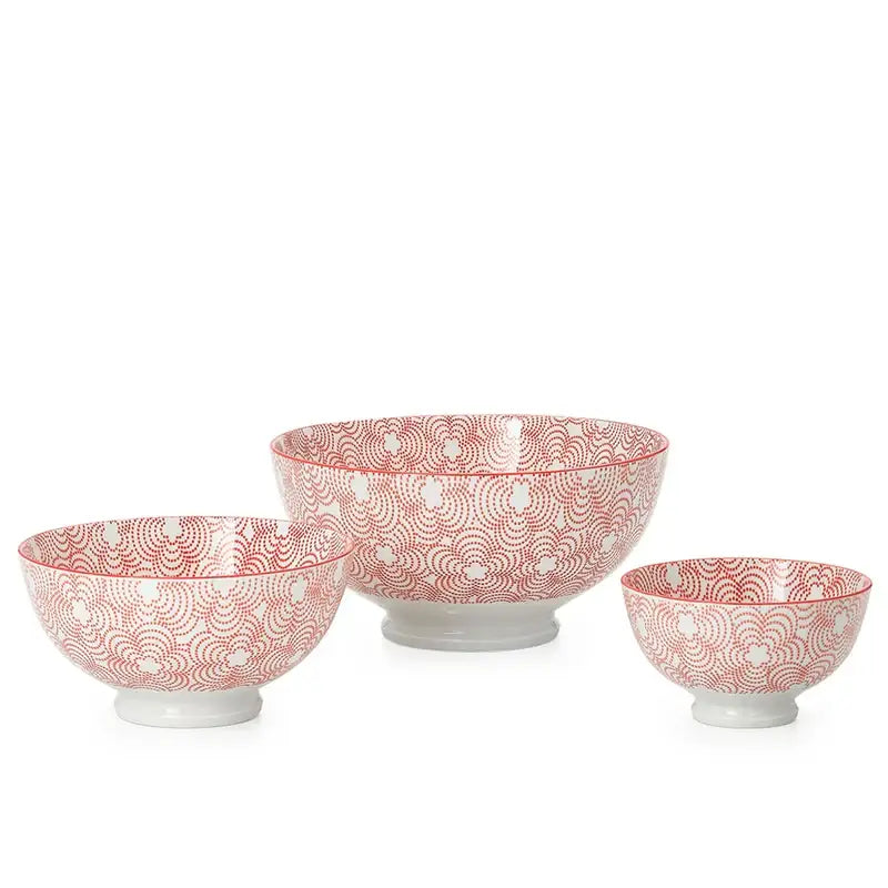 Torre & Tagus - Kiri Red with Trim Bowl Medium - three white ceramic bowls red
