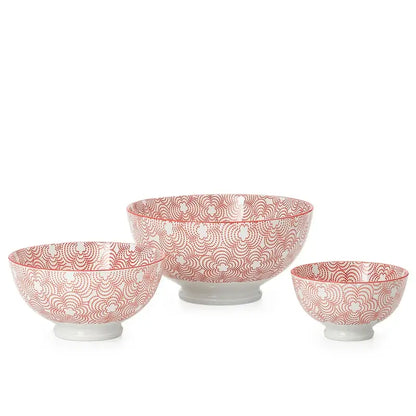 Torre & Tagus - Kiri Red with Trim Bowl Medium - three white ceramic bowls red