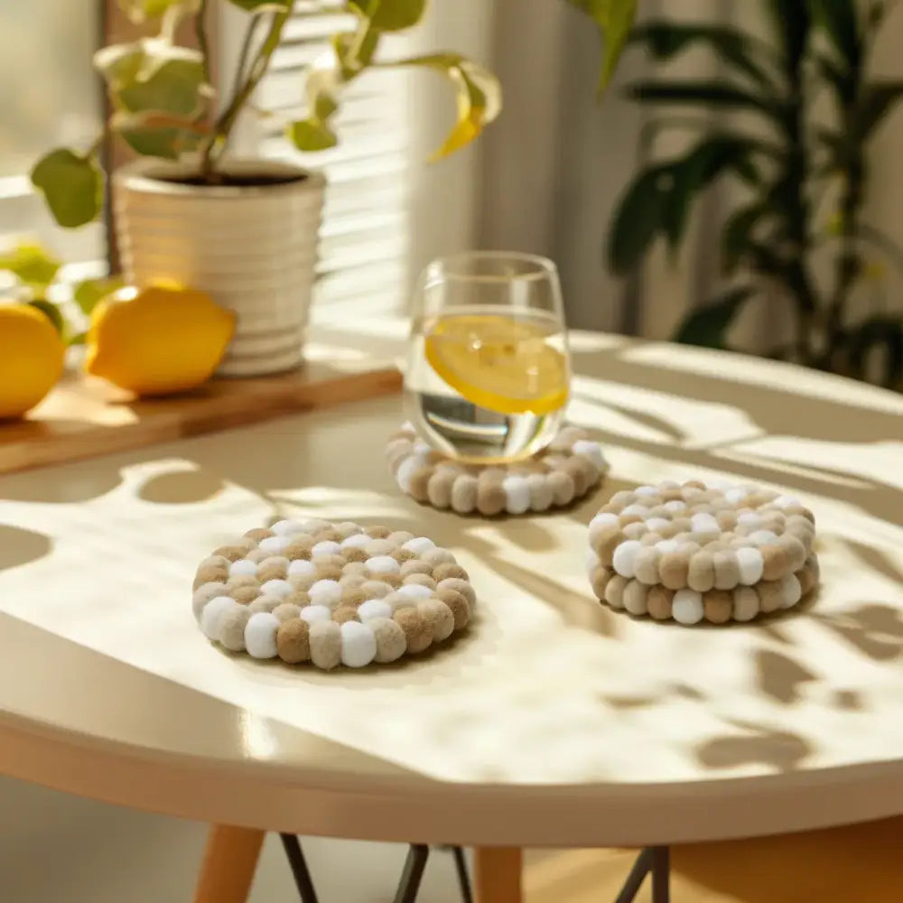 Torre & Tagus - Modwool Felt Ball Coasters Taupe + White