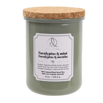 Eucalyptus Mint Scented Candle in sage green glass jar With Cork Lid
