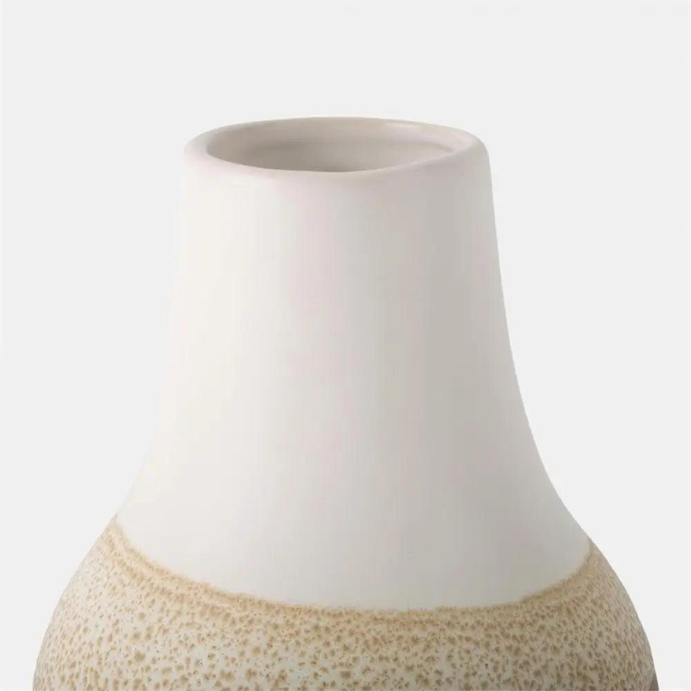 White Ceramic Vase With Reactive Brown Glaze - Round
