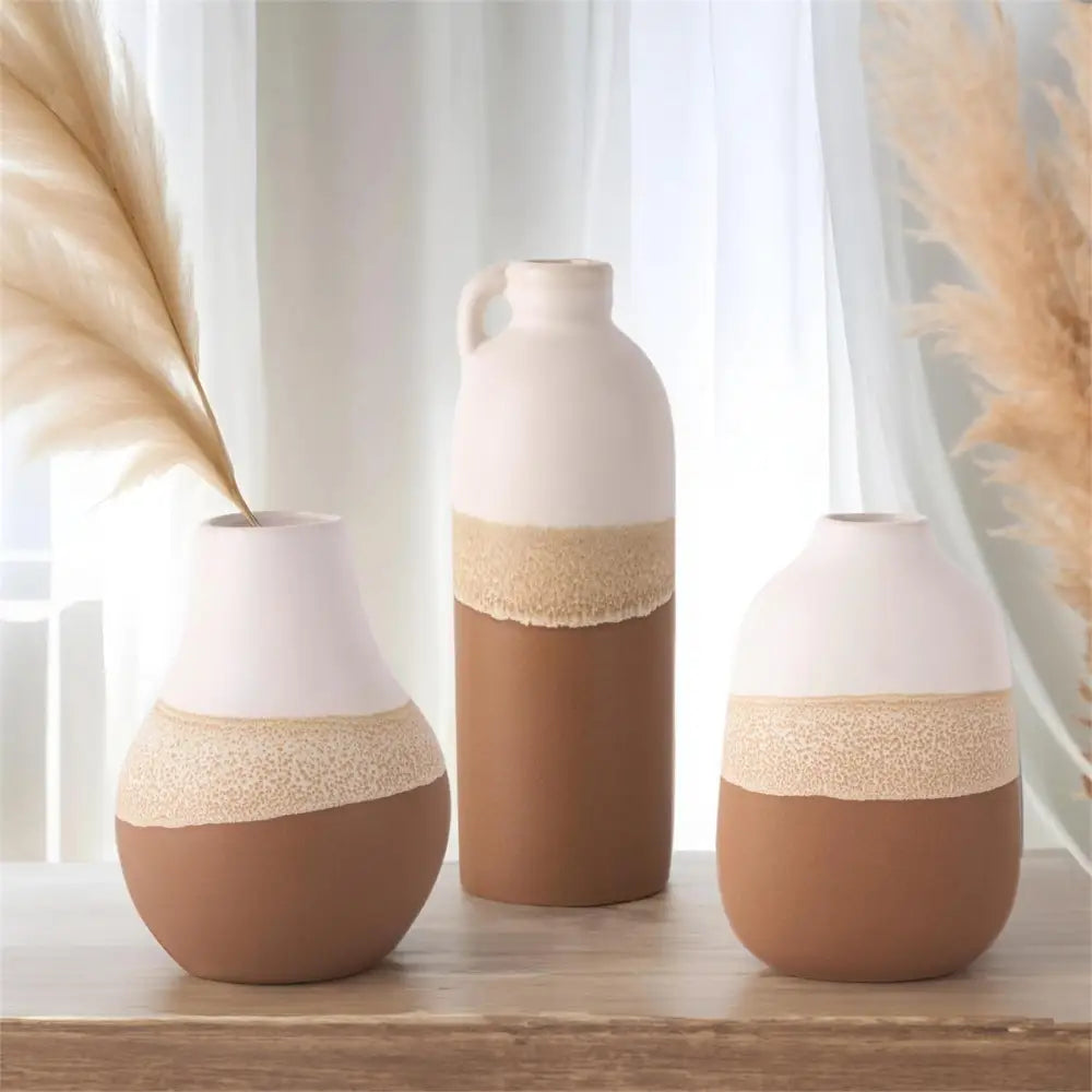 White Ceramic Vase With Reactive Brown Glaze - Round