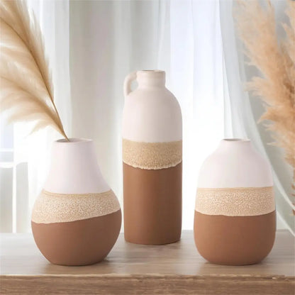 White Ceramic Vase With Reactive Brown Glaze - Round