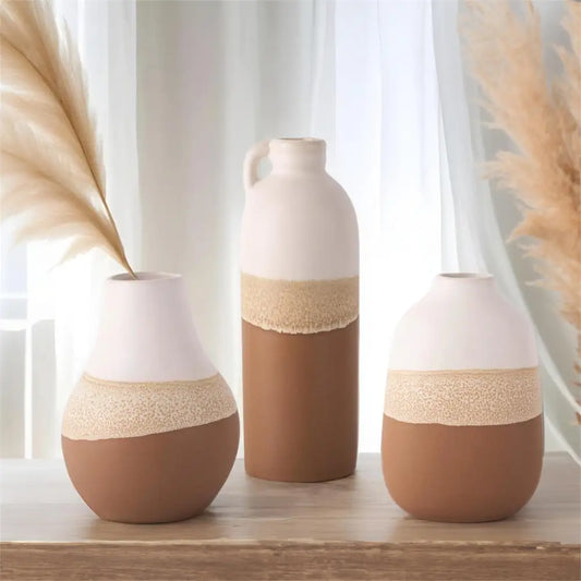 White Ceramic Vase With Reactive Brown Glaze - Round