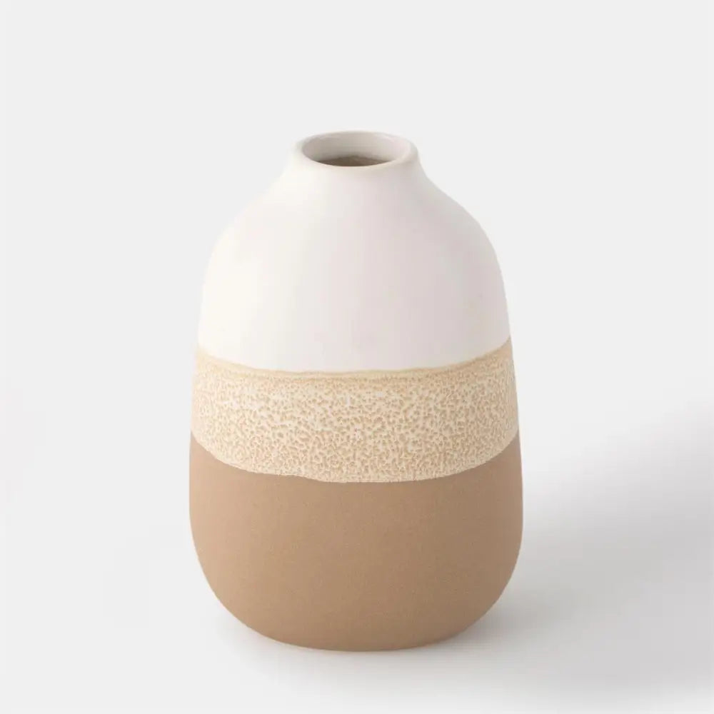 Ceramic Vase with Reactive Brown and Beige Glaze with white top- side angle