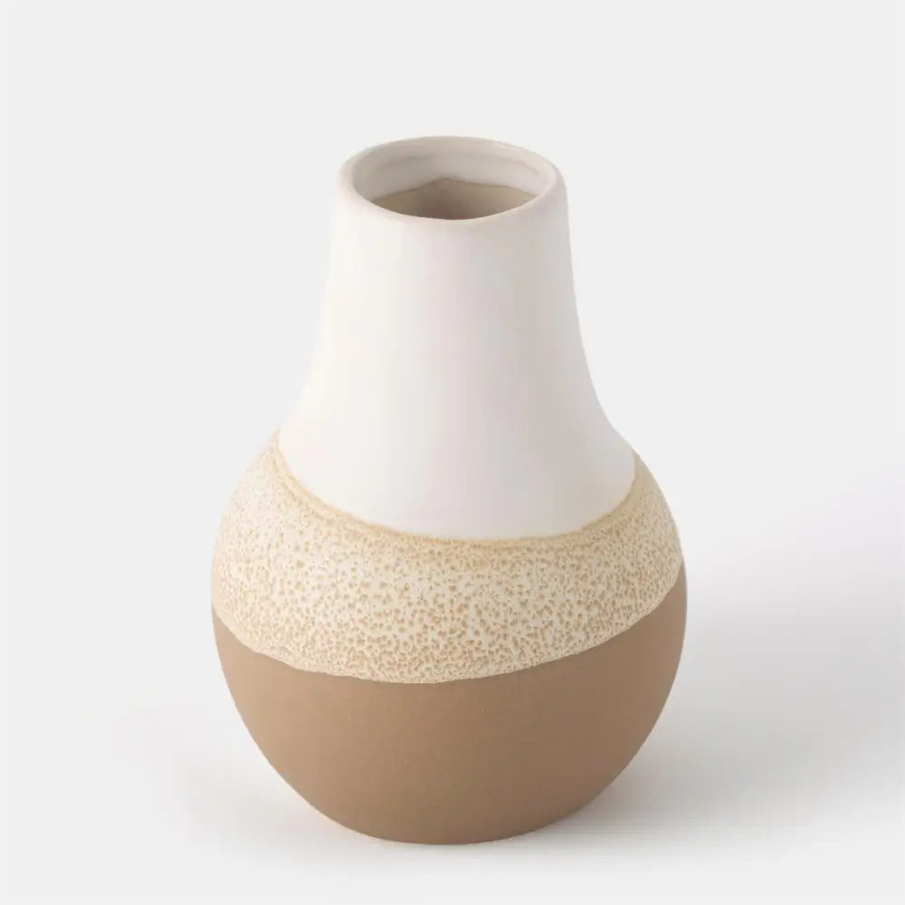 White Ceramic Vase With Reactive Brown Glaze - Round