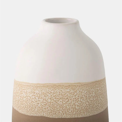 White Ceramic Vase With Reactive Brown Glaze - Round
