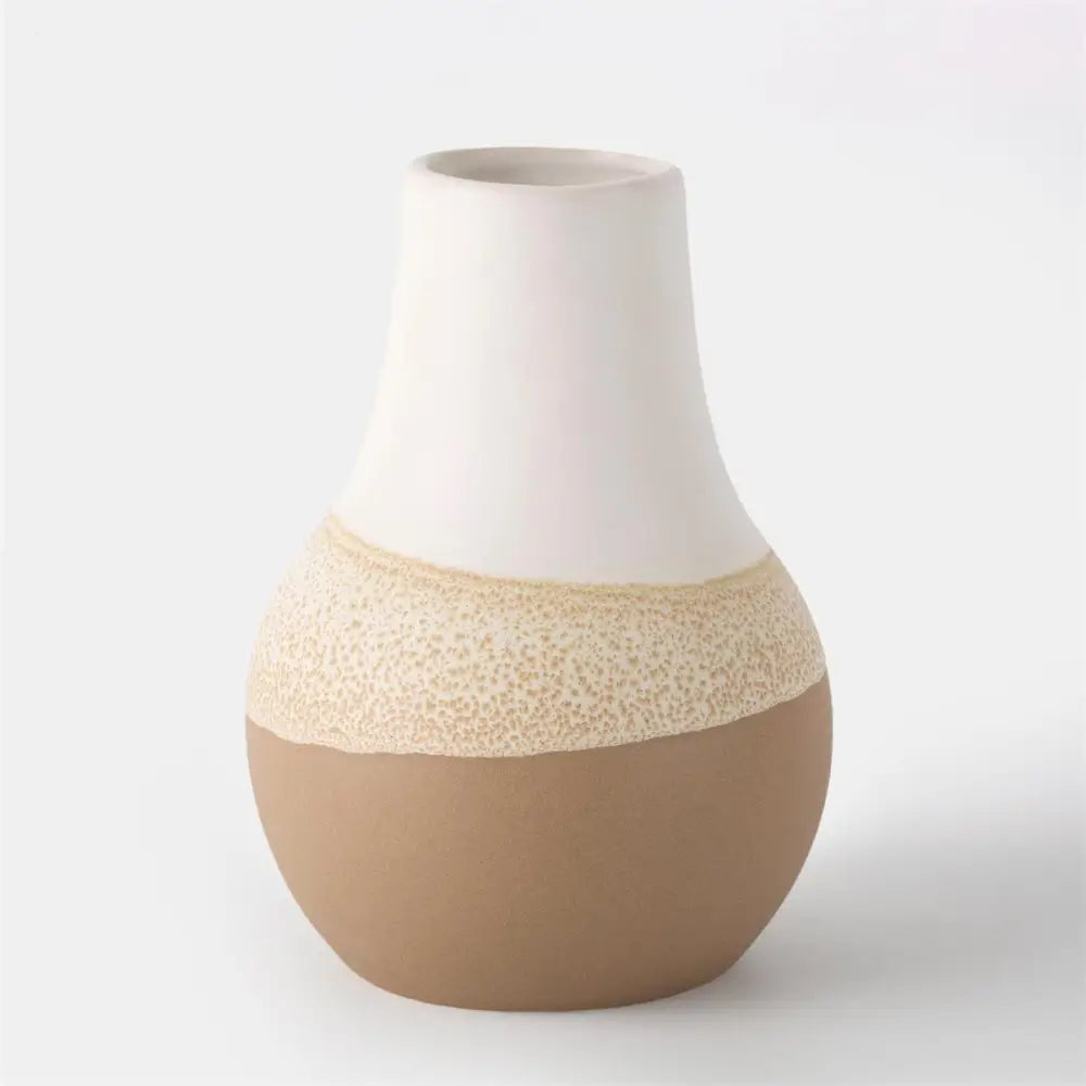 TRUU DESIGN - White Ceramic Vase With Reactive Brown Glaze Round