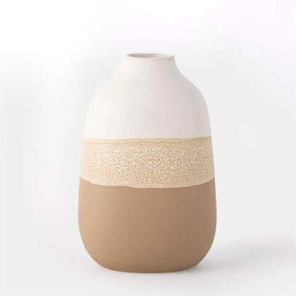 White Ceramic Vase With Reactive Brown Glaze - Wide