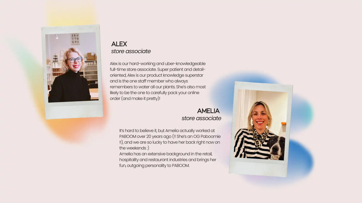 Two store associate profiles with photos and descriptions.