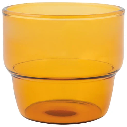 Single amber-toned stackable glass tumbler shown empty on a white background - PABOOM