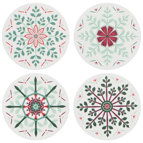 Four round holiday coasters with snowflake and floral medallion patterns in green, red, and white - PABOOM