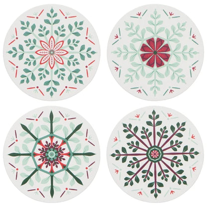 Four round holiday coasters with snowflake and floral medallion patterns in green, red, and white - PABOOM