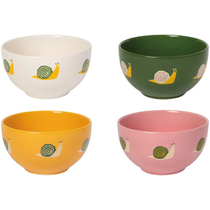 Four porcelain bowls in ivory, green, orange, and pink, each printed with a colourful snail illustration – PABOOM