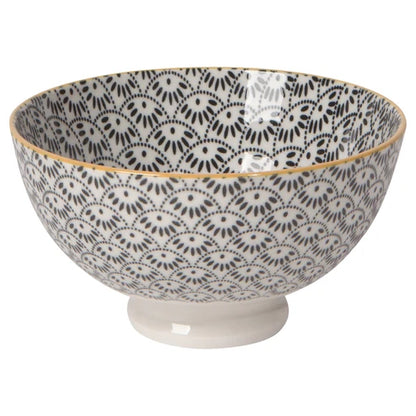White footed porcelain bowl with a black scallop and dot pattern inside and a gold rim - PABOOM