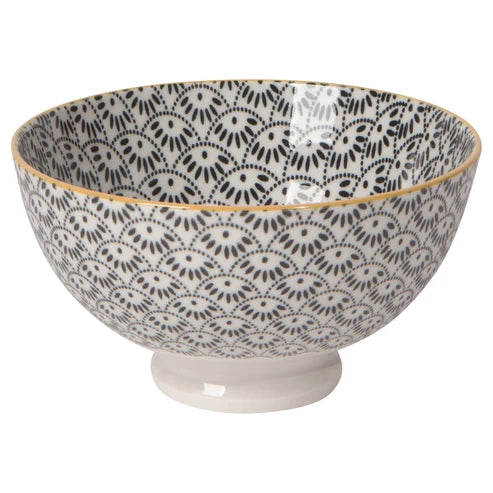 White footed porcelain bowl with a black scallop and dot pattern inside and a gold rim - PABOOM