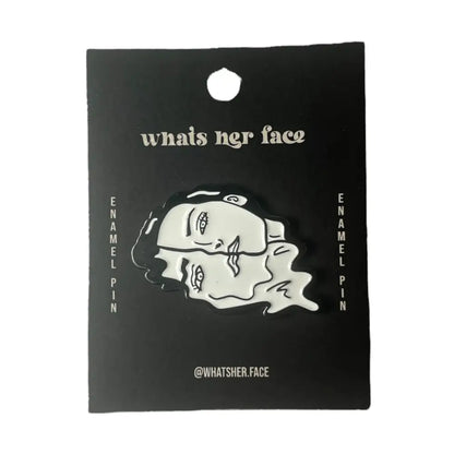 Melting Face Girl Black White Enamel Pin on black card stock