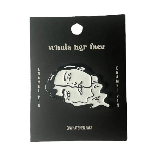 Melting Face Girl Black White Enamel Pin on black card stock
