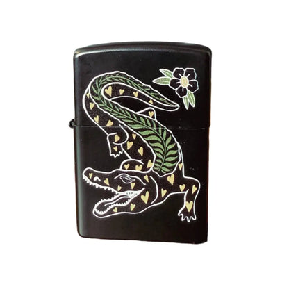 Zippo black lighter with a decorative heart and fern pattered alligator