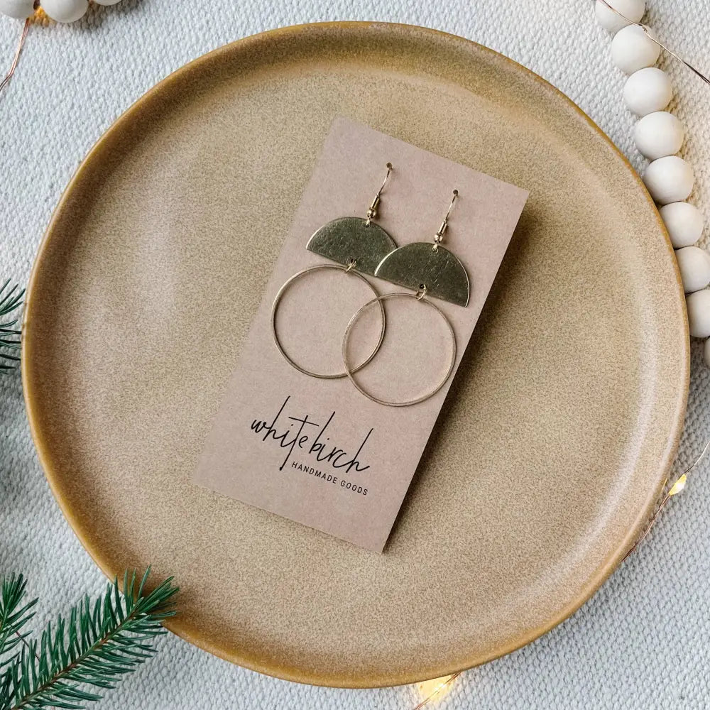 Whitebirch Handmade Goods - Brass Half Moon Circle Statement Earrings Raw Hooks