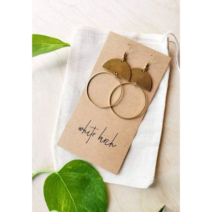 Whitebirch Handmade Goods - Brass Half Moon Circle Statement Earrings Raw Hooks