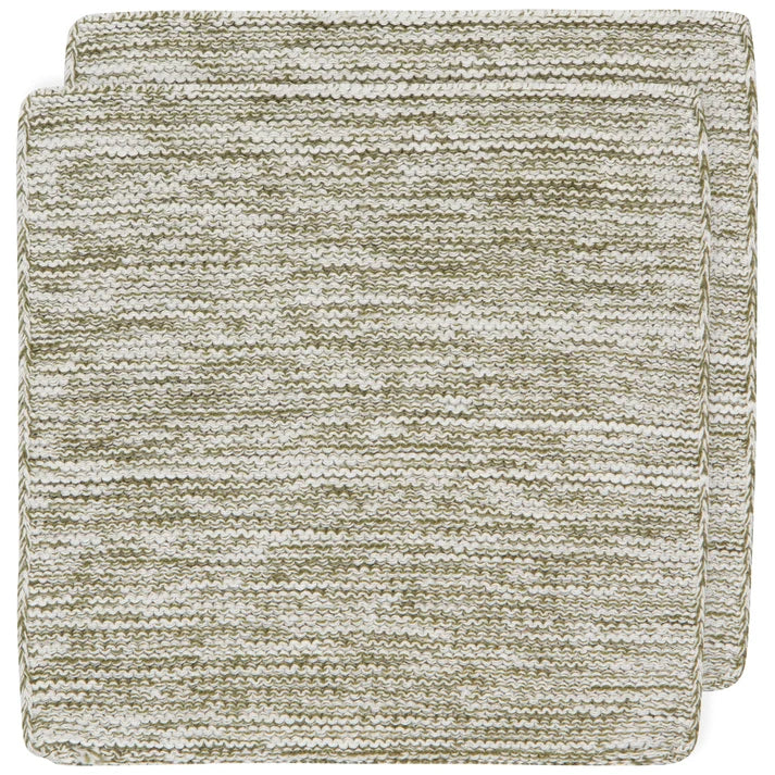 Two folded heathered olive-and-cream knit dishcloths stacked together – PABOOM