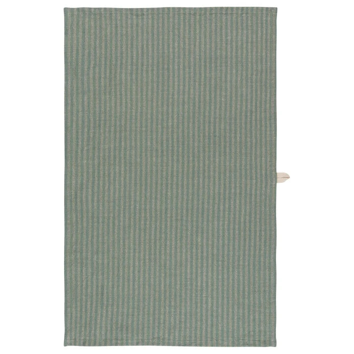 Jade green and cream vertically striped linen-cotton dishtowel with a small wooden hanging tab – PABOOM