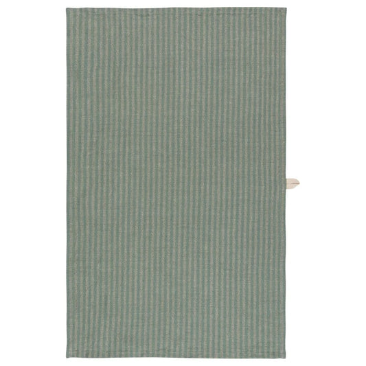 Jade green and cream vertically striped linen-cotton dishtowel with a small wooden hanging tab – PABOOM