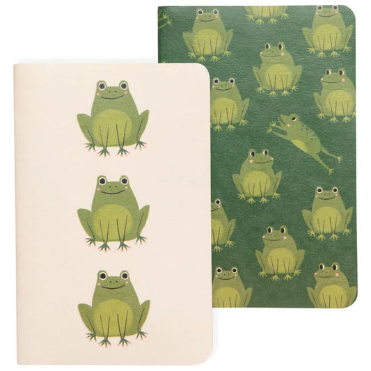 Two pocket notebooks, one cream with three cartoon frogs and one dark green with an all-over frog pattern – PABOOM