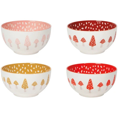 Four porcelain bowls in pink, maroon, mustard, and red with a mushroom pattern lining the interior - PABOOM