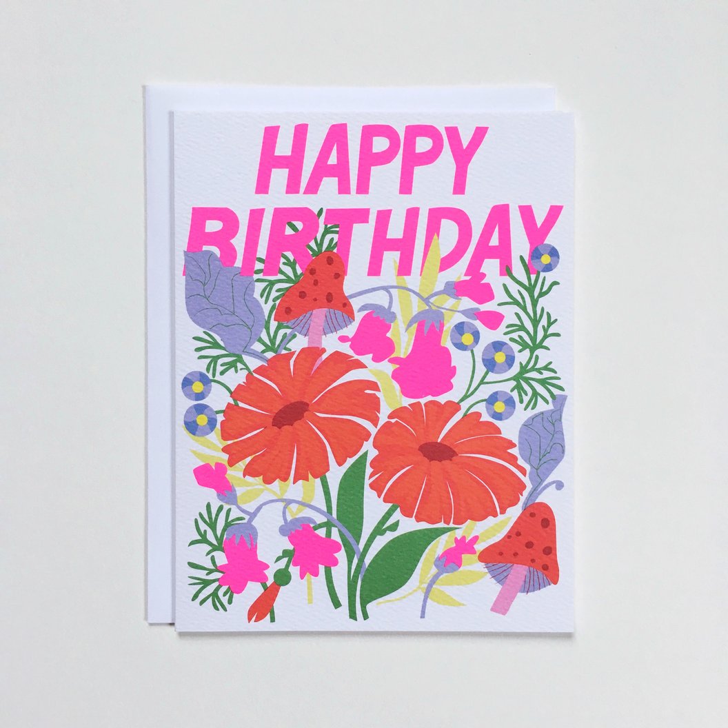 Happy Birthday Mushrooms and Floral Card