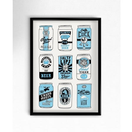 Beer Cans Black + Blue A3 Print